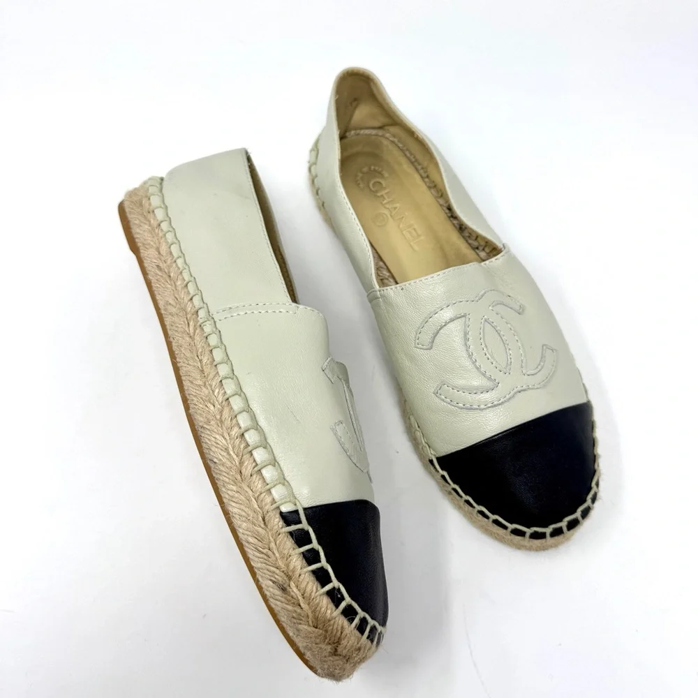 CHANEL Women's Black and Cream CC Logo Espadrilles Lambskin Leather